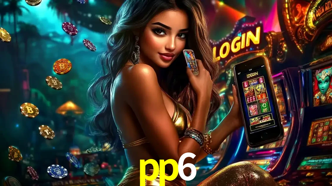 Mulher em um cenário de cassino temático de aventura, mostrando o app de caça-níqueis da pp6 no celular. Fichas de apostas flutuam ao redor.