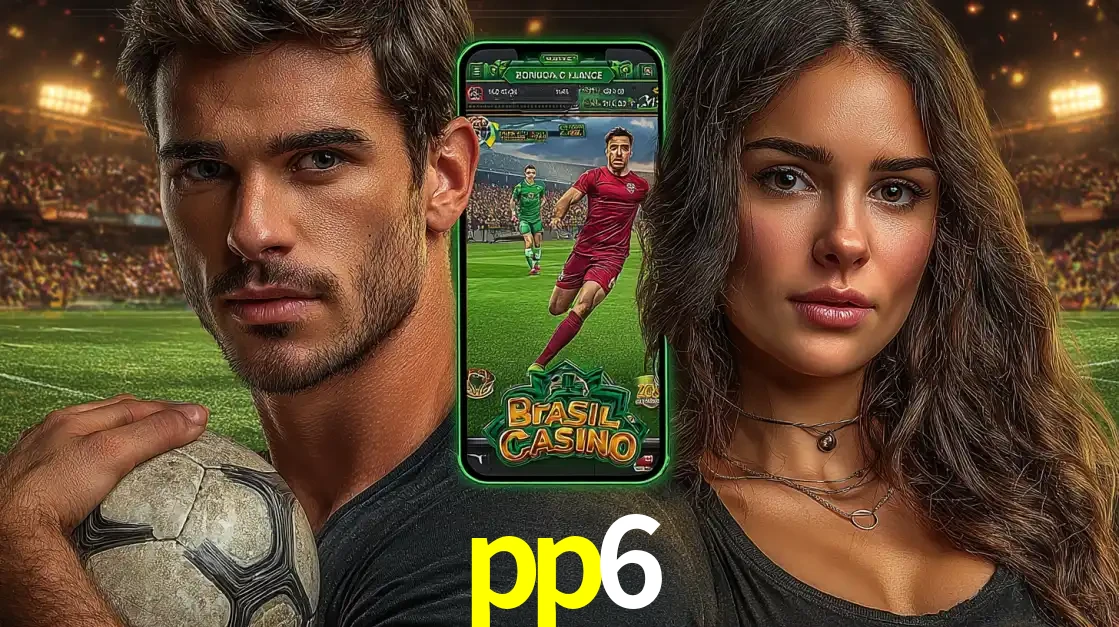 Homem segurando uma bola de futebol e uma mulher ao lado de um smartphone exibindo o jogo de apostas esportivas da pp6. Faça seu palpite no cassino online.